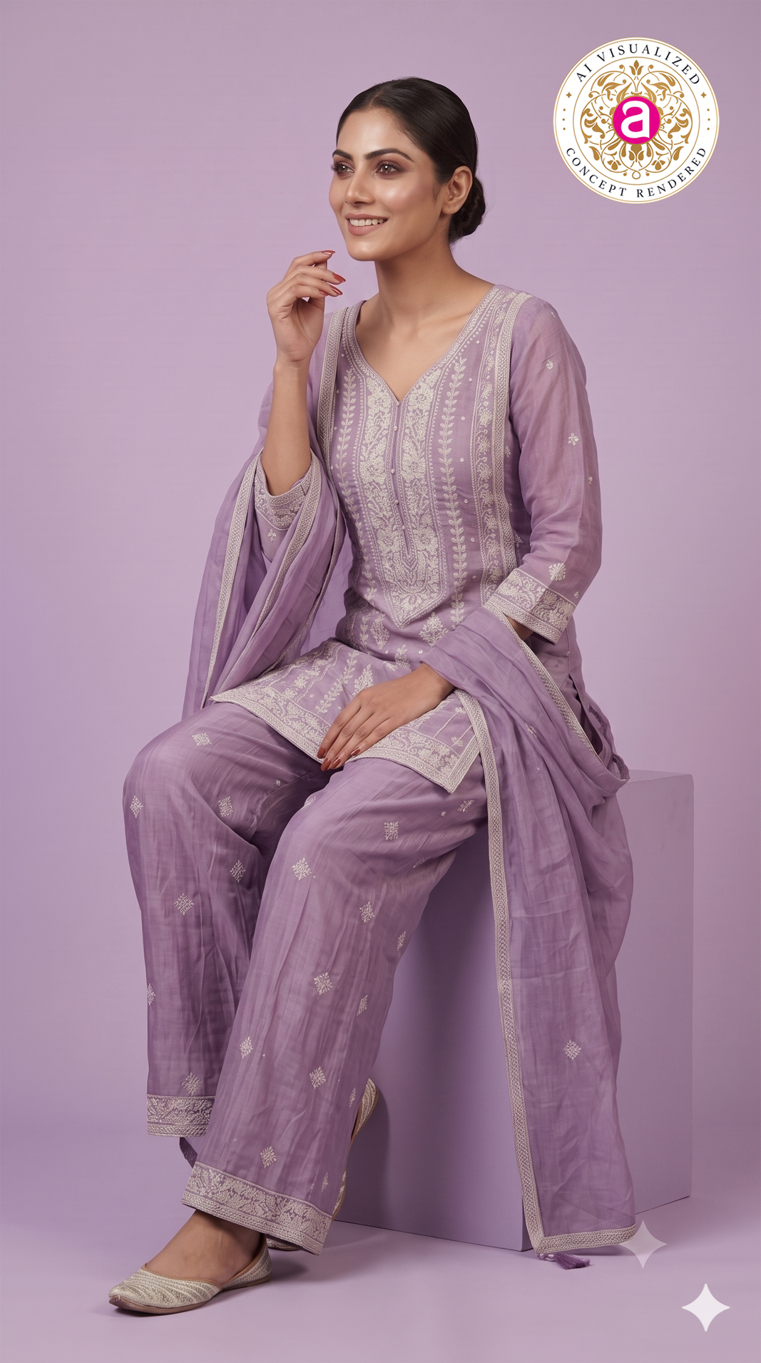 Lilac Embroidered Kurta Palazzo Set with Dupatta