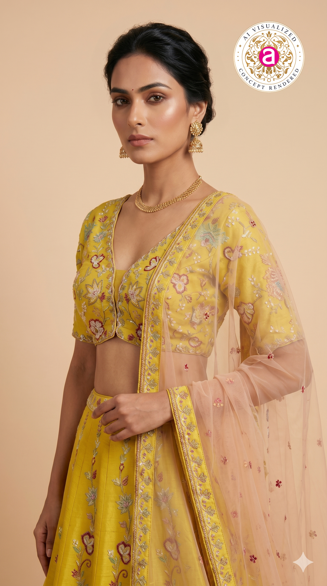 Mustard Yellow Floral Embroidered Designer Lehenga Choli with Net Dupatta