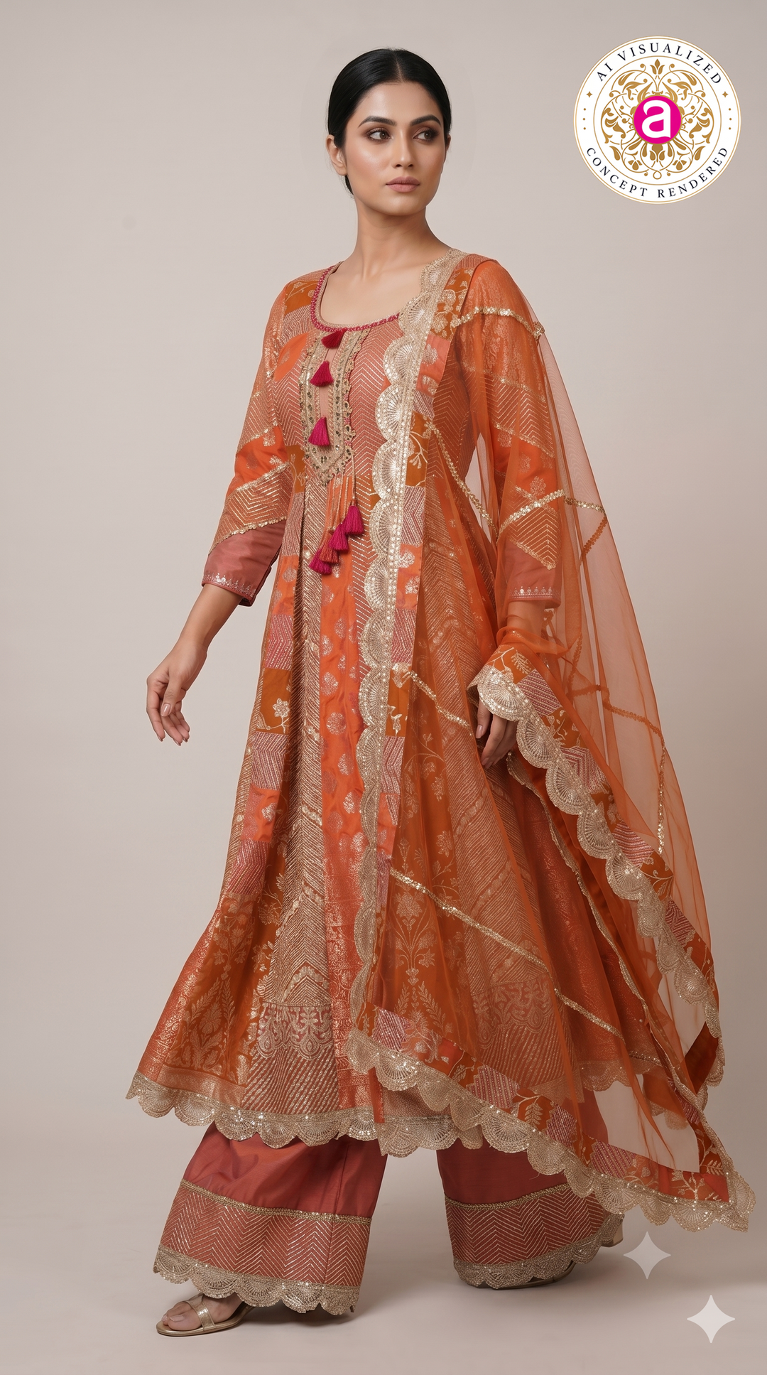 Vibrant Orange Banarasi Anarkali Suit Set with Sharara & Organza Dupatta