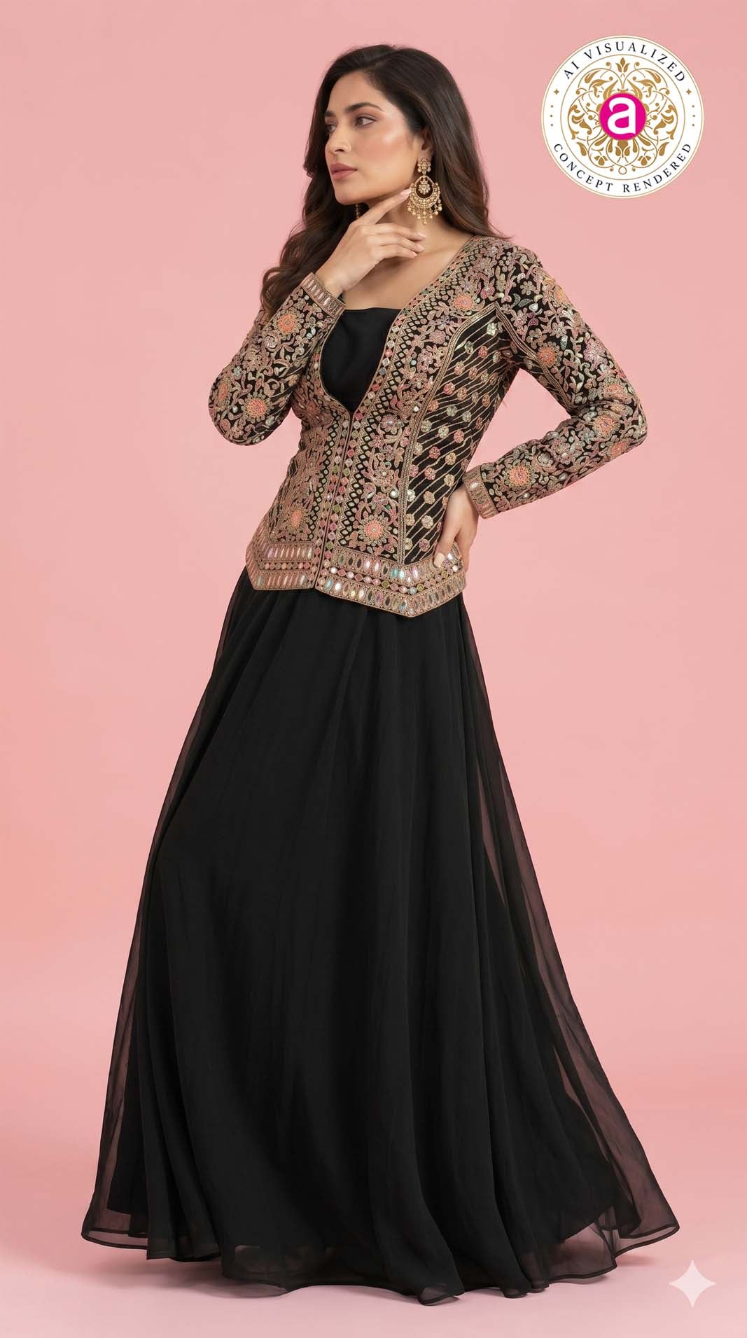 Black Handwork Embroidered Jacket Style Gown Set