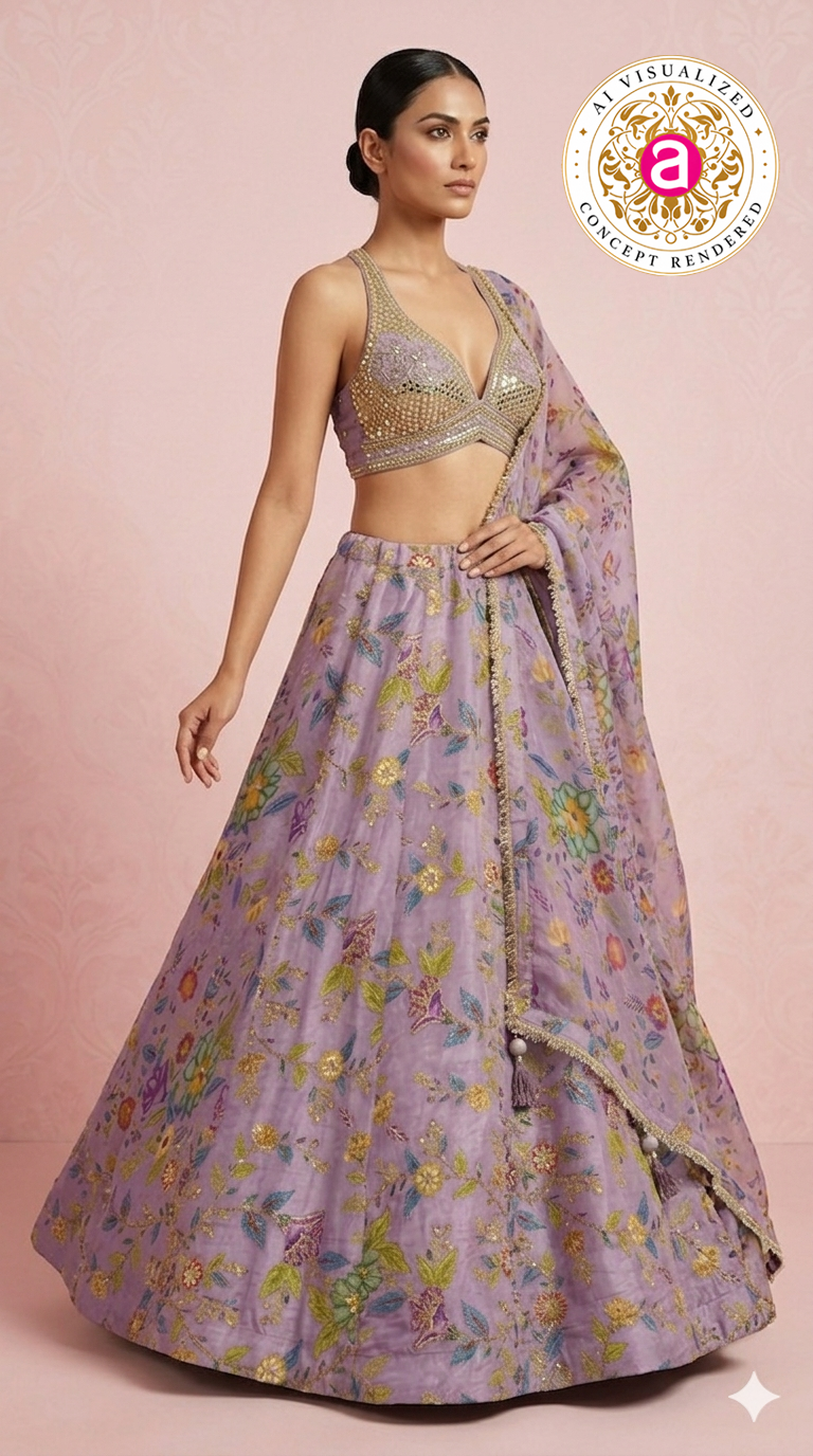 Lavender Floral Embroidered Designer Lehenga Choli with Printed Organza Dupatta
