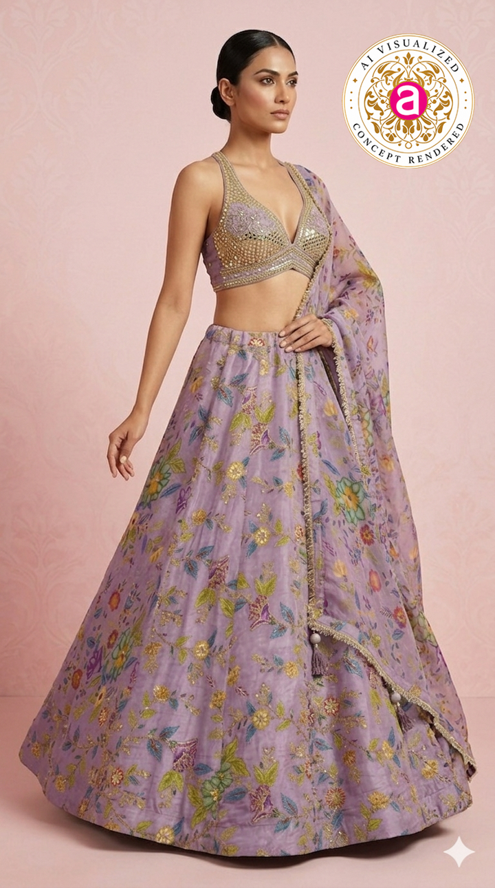 Lavender Floral Embroidered Designer Lehenga Choli with Printed Organza Dupatta