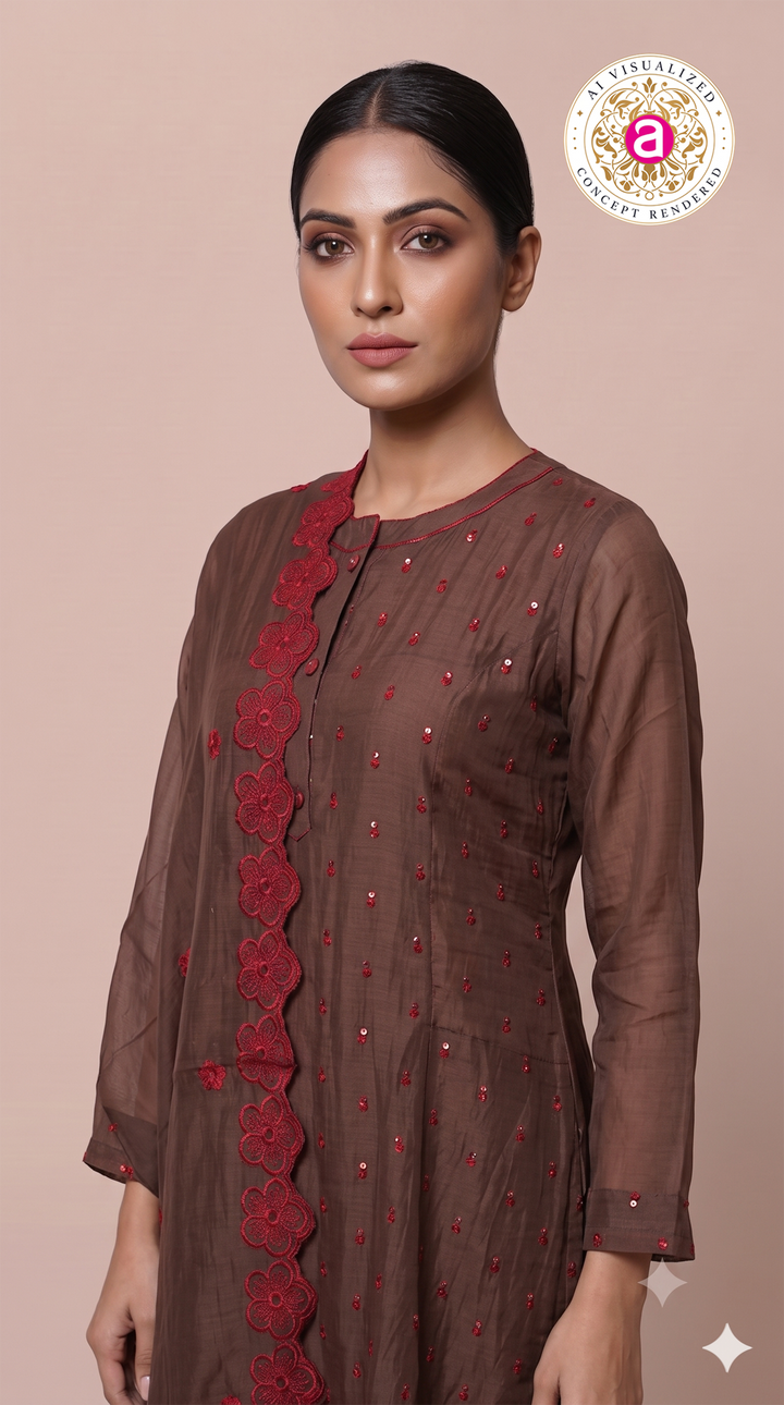 Coffee Brown Embroidered Kurta Pant Set with Dupatta