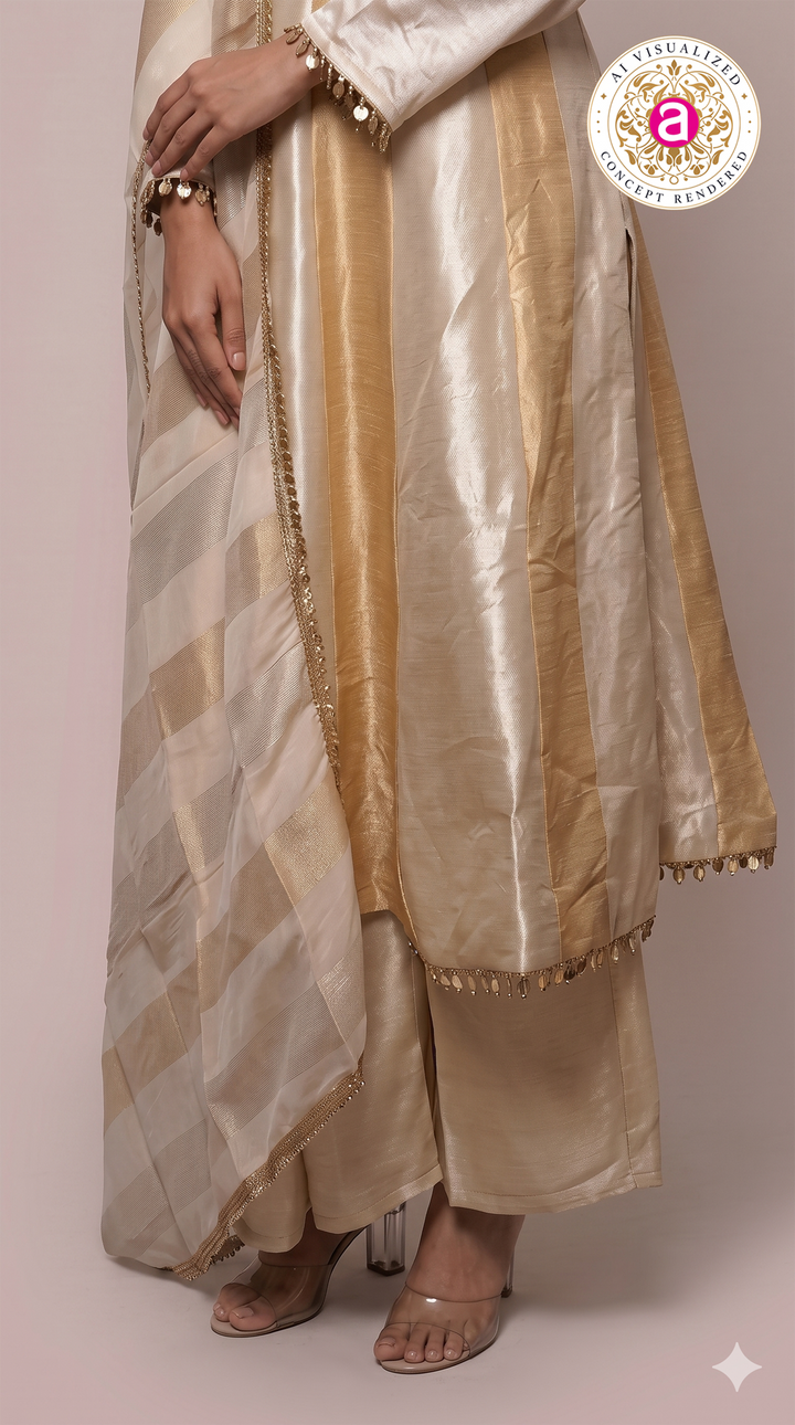 Champagne Gold Kurta Palazzo Set with Striped Dupatta