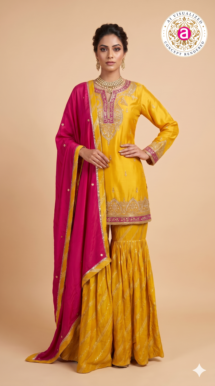 Mustard Yellow Embroidered Sharara Suit Set with Rani Pink Dupatta