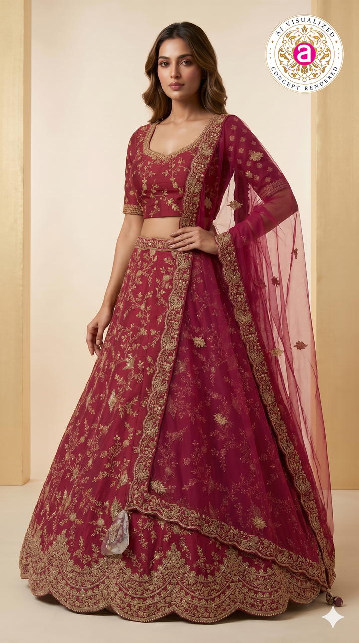 Royal Wine Embroidered Silk Lehenga Set with Designer Net Dupatta