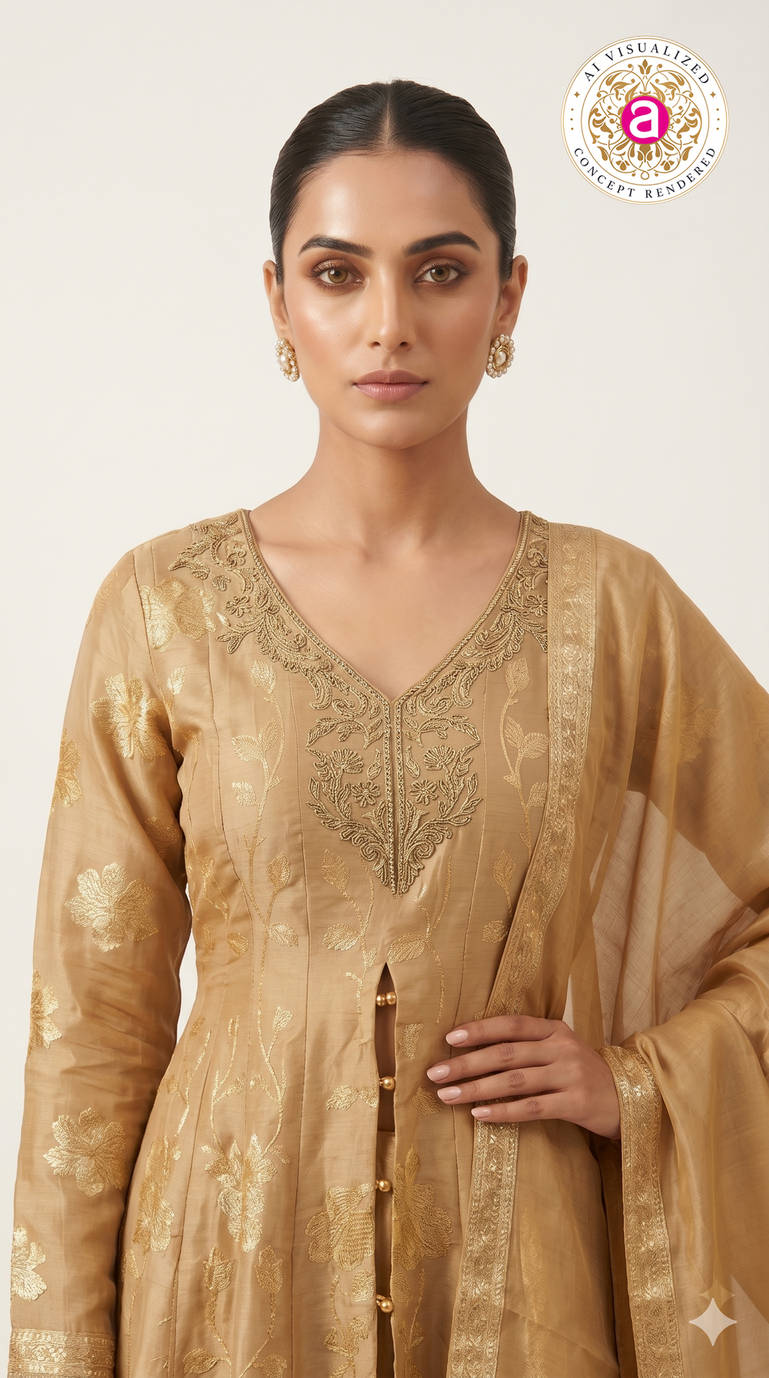 Golden Beige Floral Woven Anarkali Suit Set