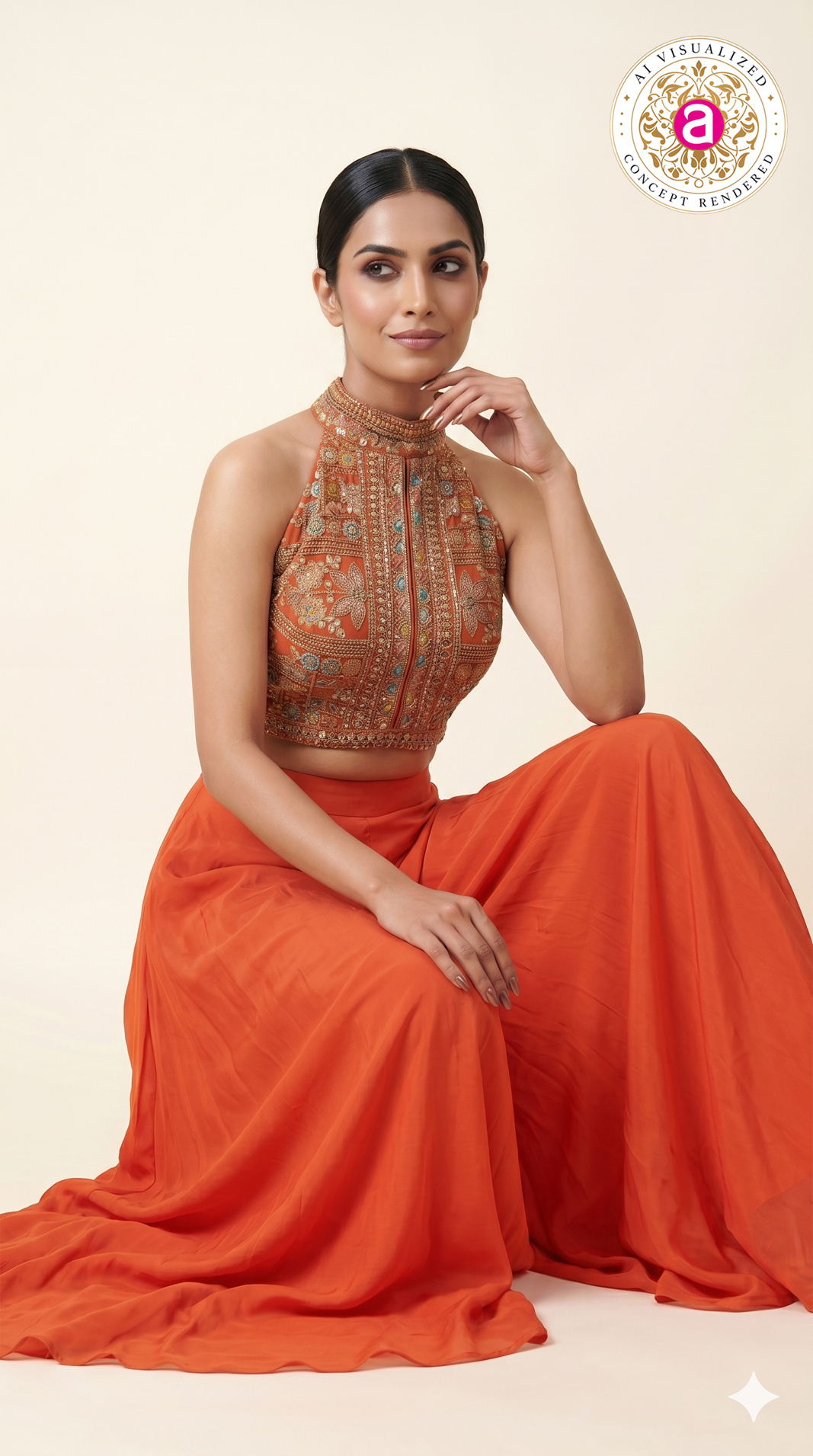 Orange Embroidered Halter Neck Palazzo Set