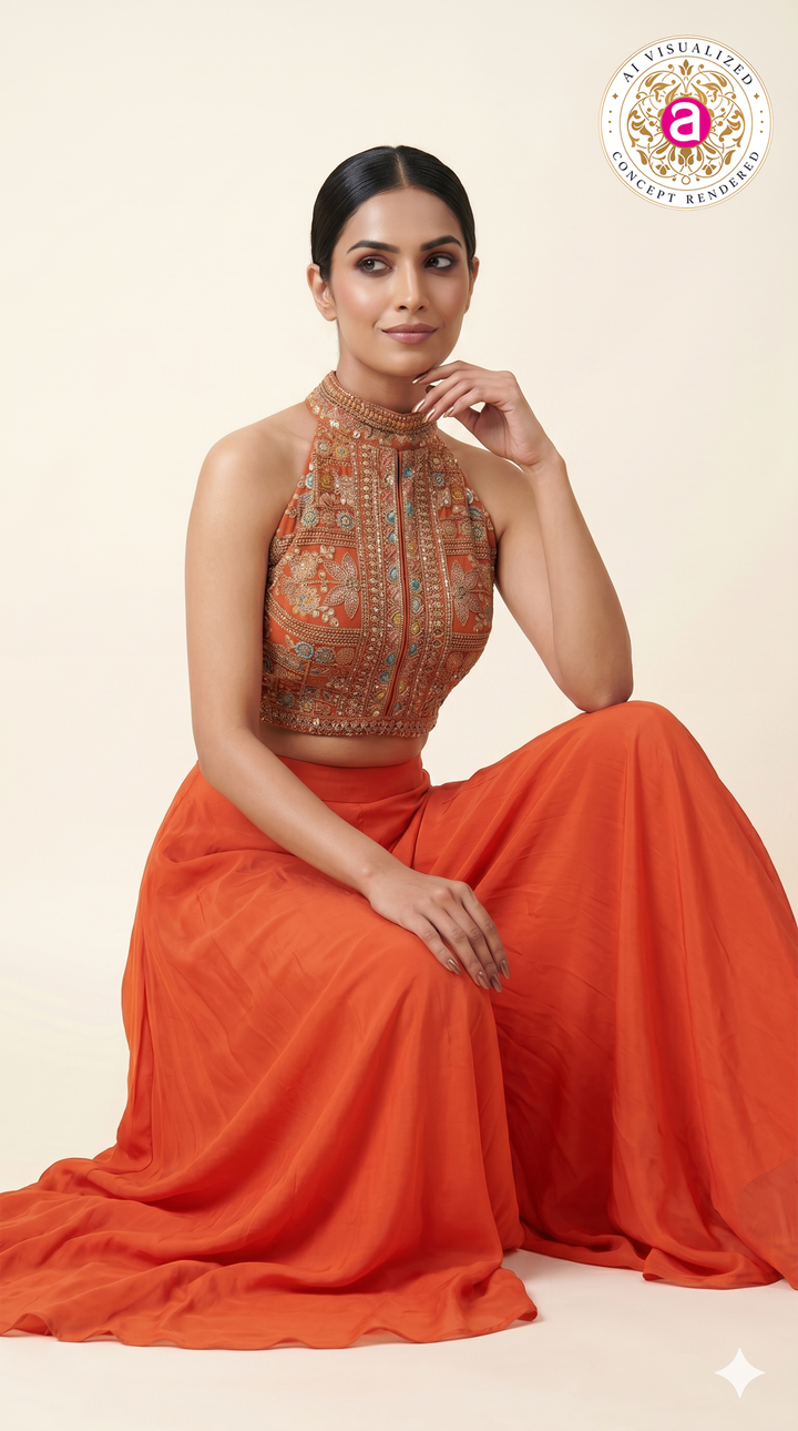 Orange Embroidered Halter Neck Palazzo Set