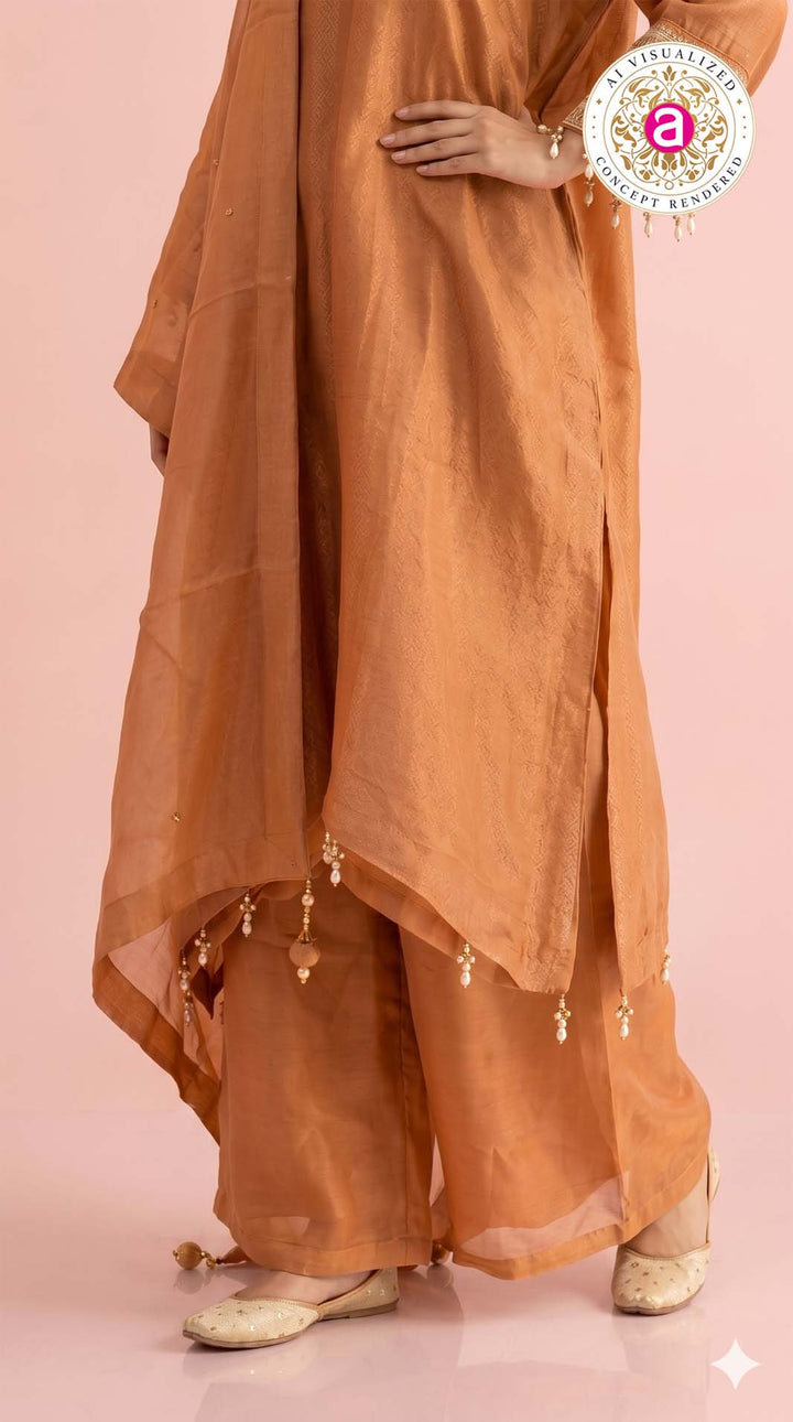 Rust Orange Kaftan Style Kurta Palazzo Set with Dupatta