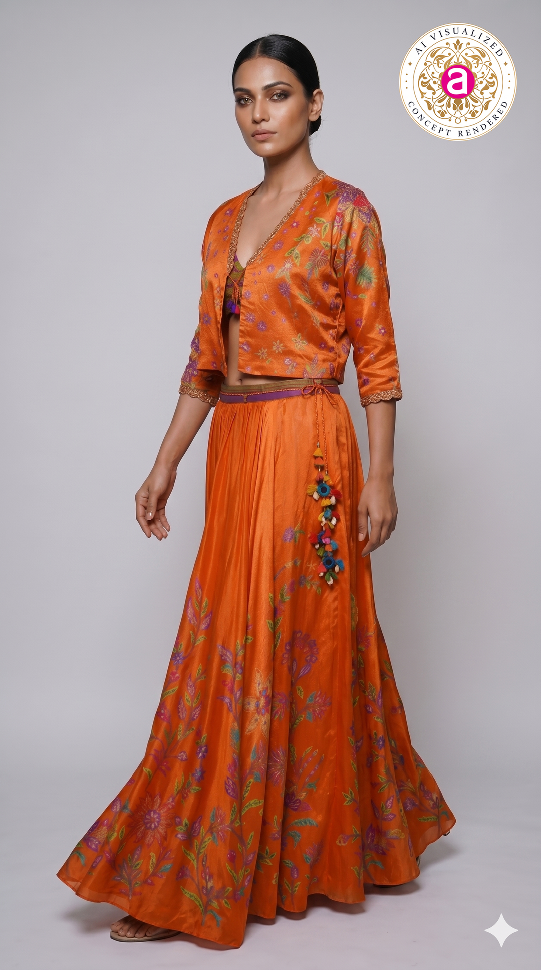 Vibrant Orange Floral Printed Indo-Western Skirt Set with Embroidered Jacket