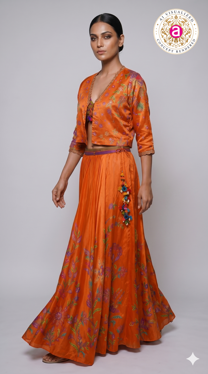 Vibrant Orange Floral Printed Indo-Western Skirt Set with Embroidered Jacket