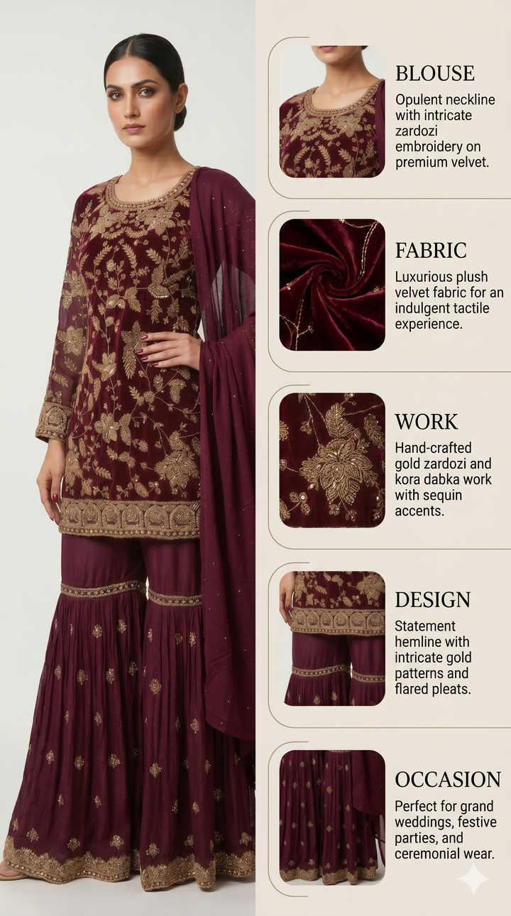 Deep Wine Embroidered Kurta Sharara Set with Dupatta