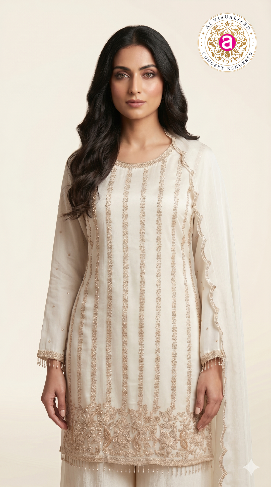 Elegant Ivory Embroidered Kurta Palazzo Set with DupattaElegant Ivory Embroidered Kurta Palazzo Set with Dupatta