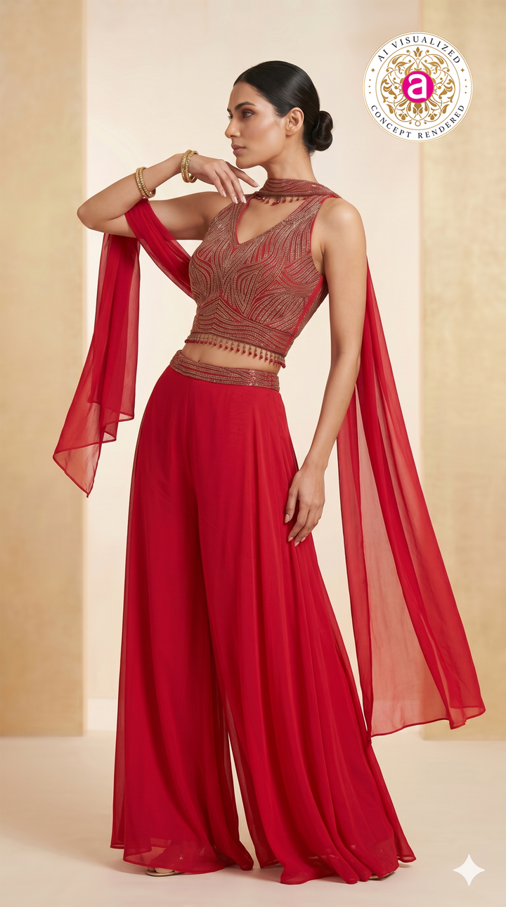 Ruby Red Embellished Palazzo Set with Cape Dupatta