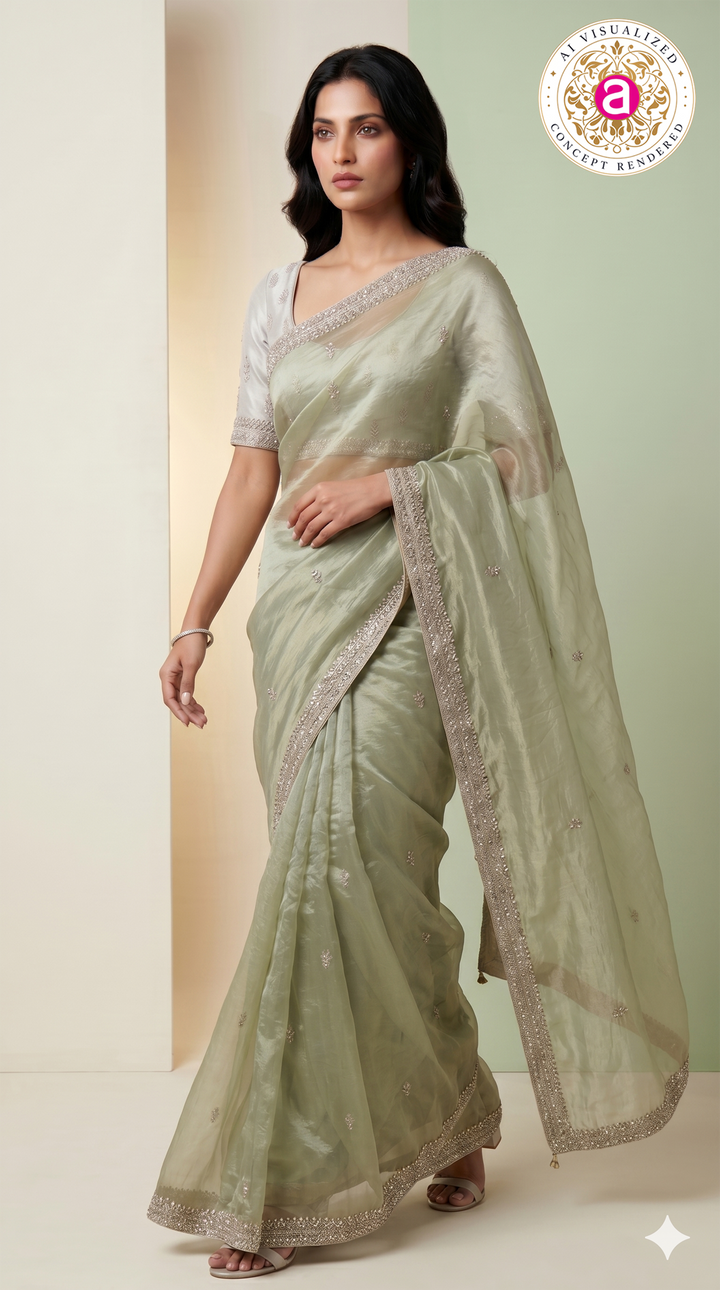 Sage Green Organza Silk Saree with Hand Embroidered Border