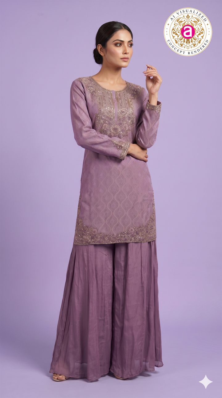 Lavender Designer Kurta Sharara Set with Embroidered Detailing