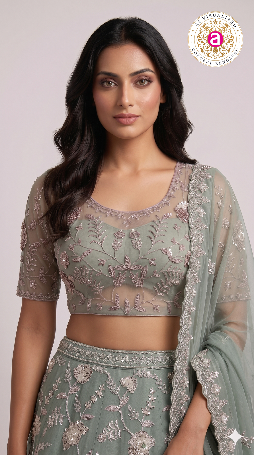 Sage Green Floral Embroidered Designer Lehenga Set with Net Dupatta