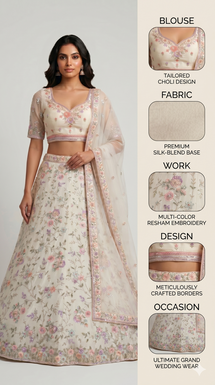 Ivory White Floral Embroidered Designer Lehenga Set with Organza Dupatta