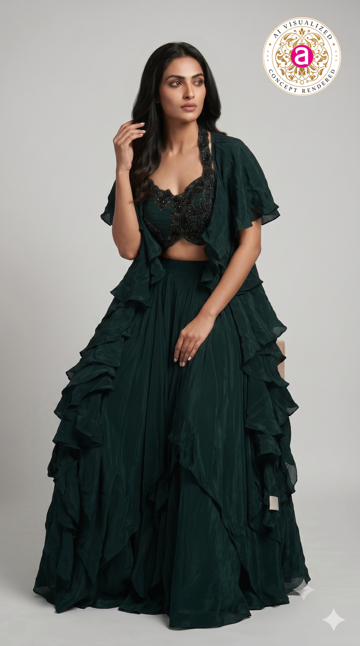 Emerald Green Ruffle Designer Lehenga Set with Embellished Blouse & Cape Jacket