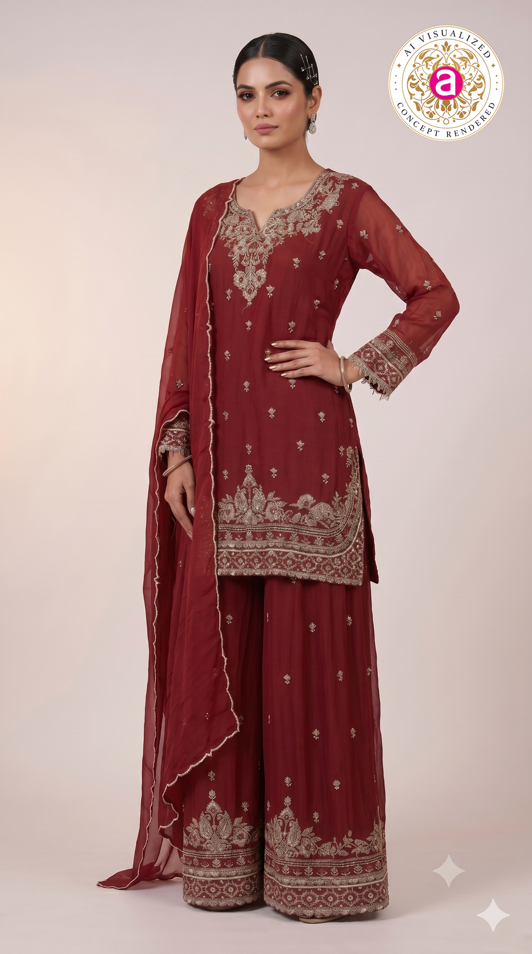 Wine Red Embroidered Kurta Sharara Set with Dupatta