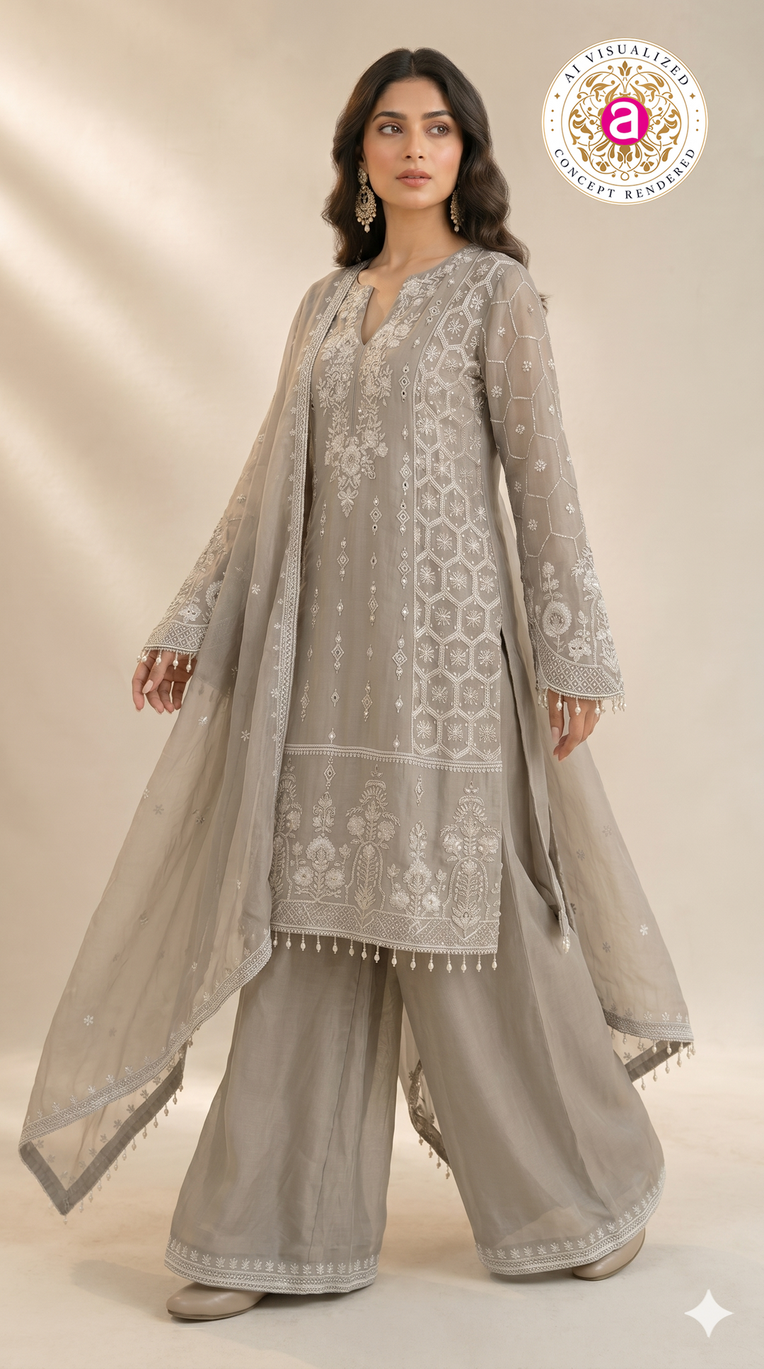 Dusty Grey Embroidered Kurta Palazzo Set with Dupatta