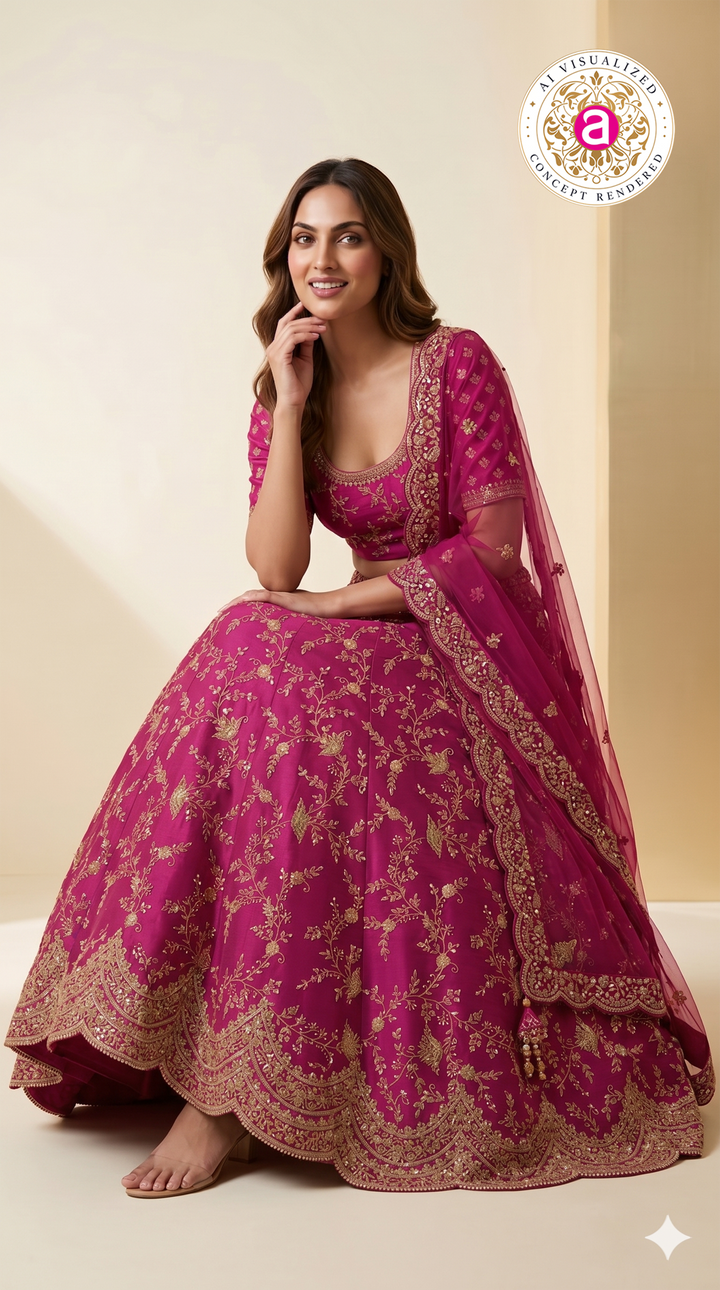Magenta Pink Designer Bridal Lehenga Set with Heavy Zari Embroidery & Net Dupatta