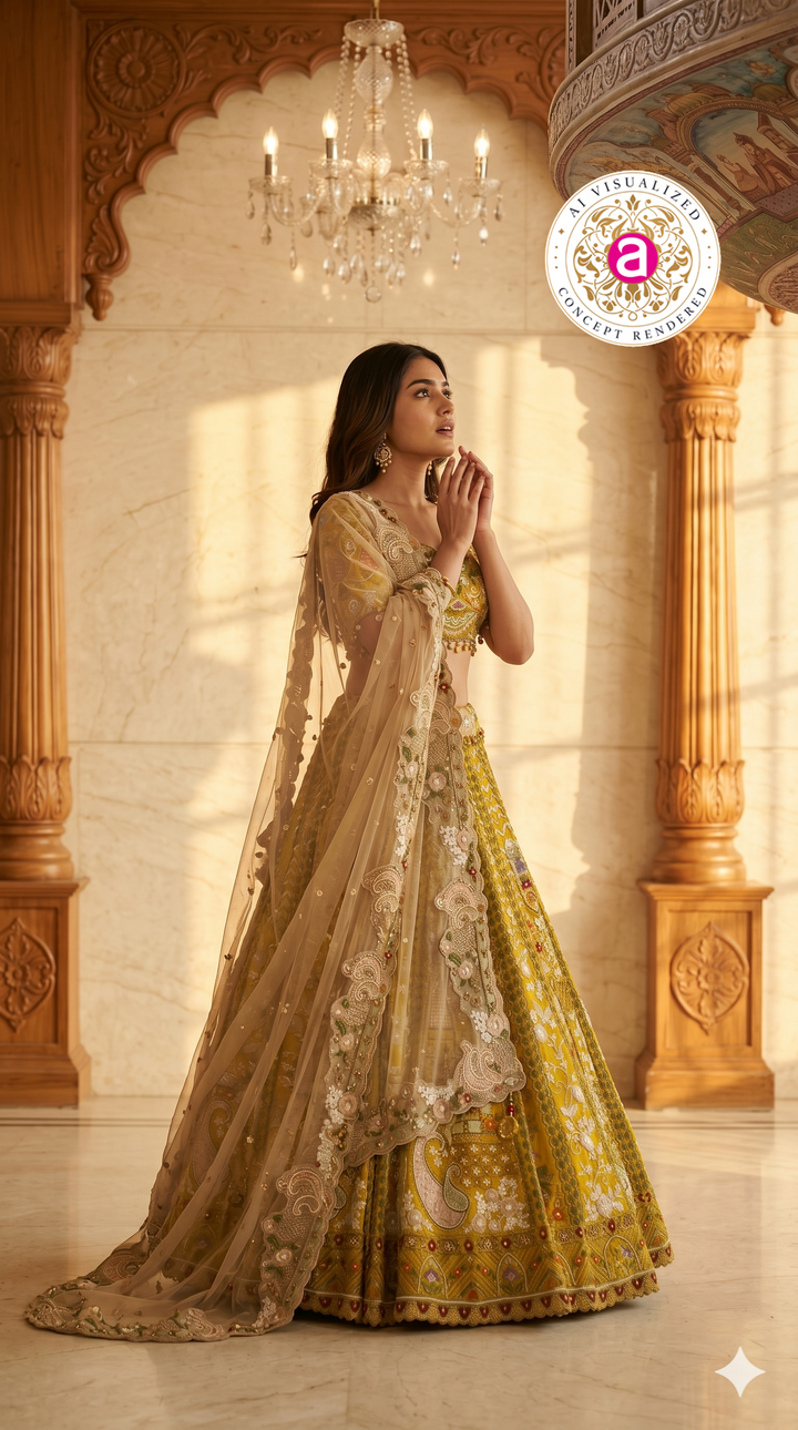 Mustard Yellow Designer Lehenga Set with Embroidered Blouse and Net Dupatta