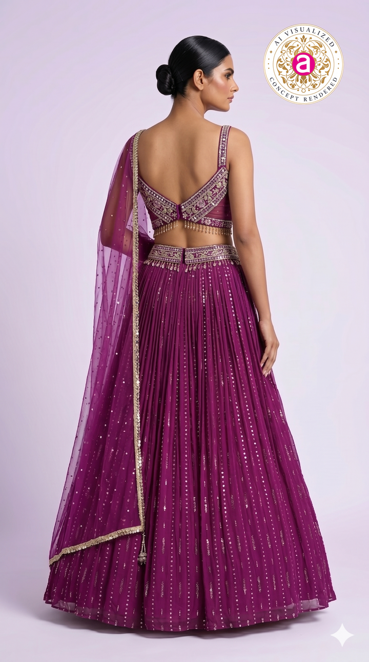 Deep Wine Pleated Lehenga Choli with Embellished Cross Blouse & Sheer Dupatta