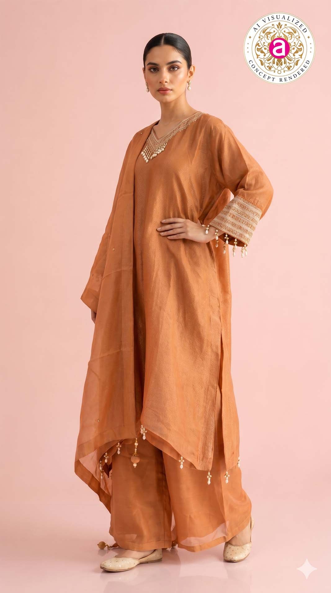 Rust Orange Kaftan Style Kurta Palazzo Set with Dupatta