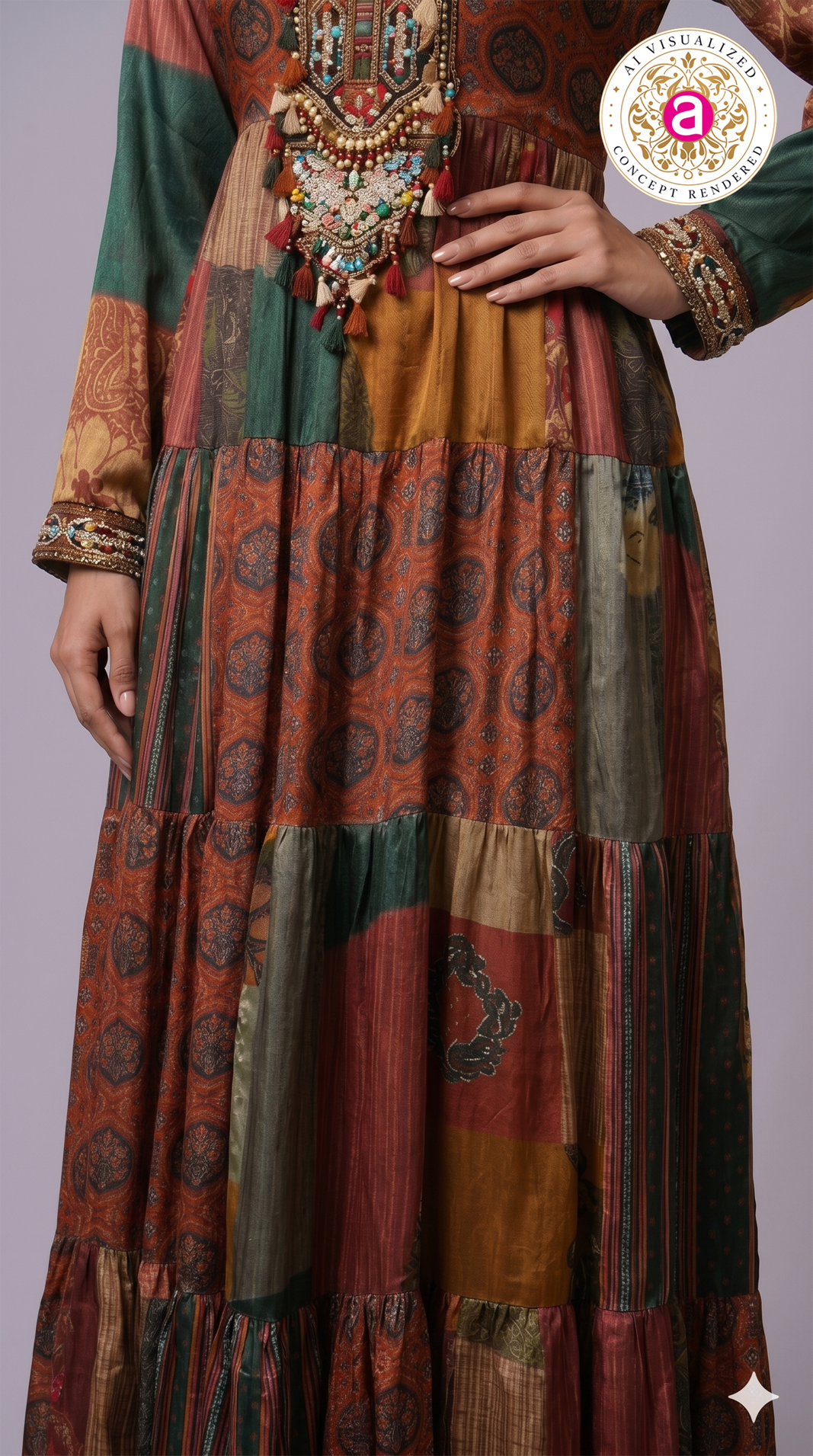 Multicolour Patchwork Printed Tiered Maxi Dress with Statement Embellished Neckline