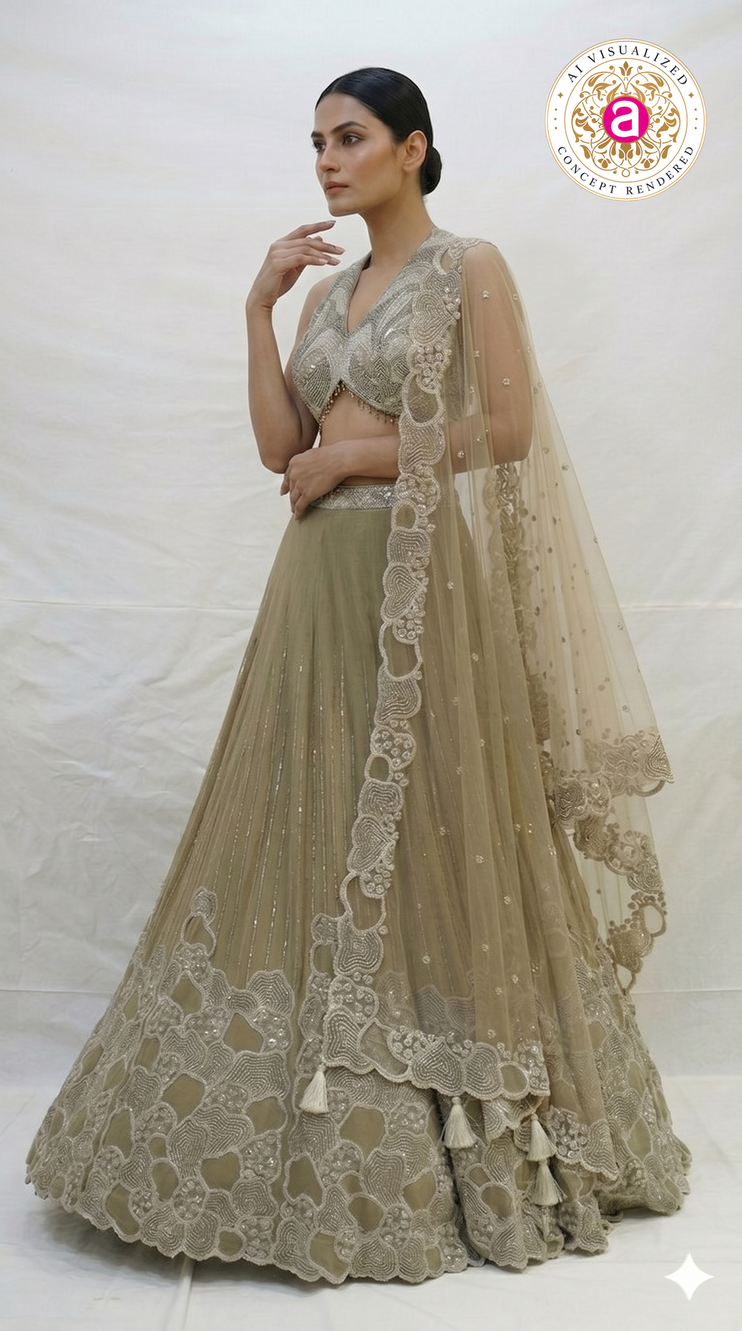 Olive Beige Embroidered Lehenga Choli with Statement Blouse & Net Dupatta
