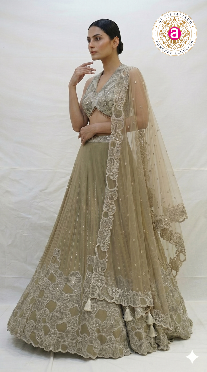 Olive Beige Embroidered Lehenga Choli with Statement Blouse & Net Dupatta
