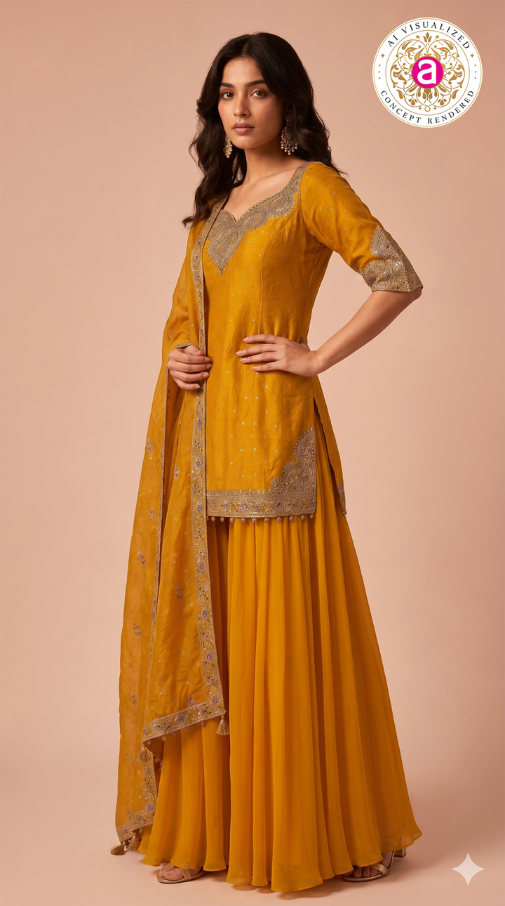 Mustard Yellow Embroidered Sharara Set with Dupatta