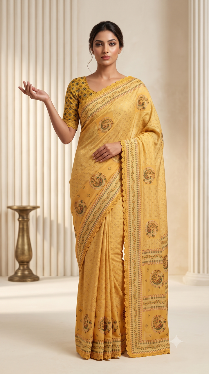Silk Saree with Paisley Heritage Print & Designer Border