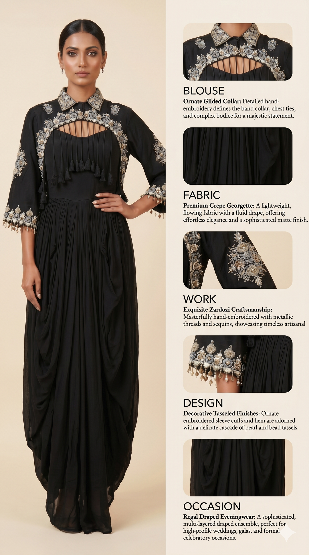 Midnight Black Embroidered Cape Style Draped Dress
