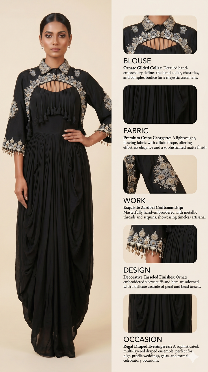 Midnight Black Embroidered Cape Style Draped Dress
