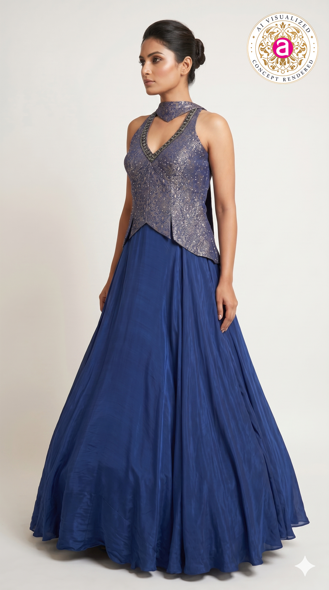 Royal Blue Designer Gown with Embroidered Halter Neck Bodice