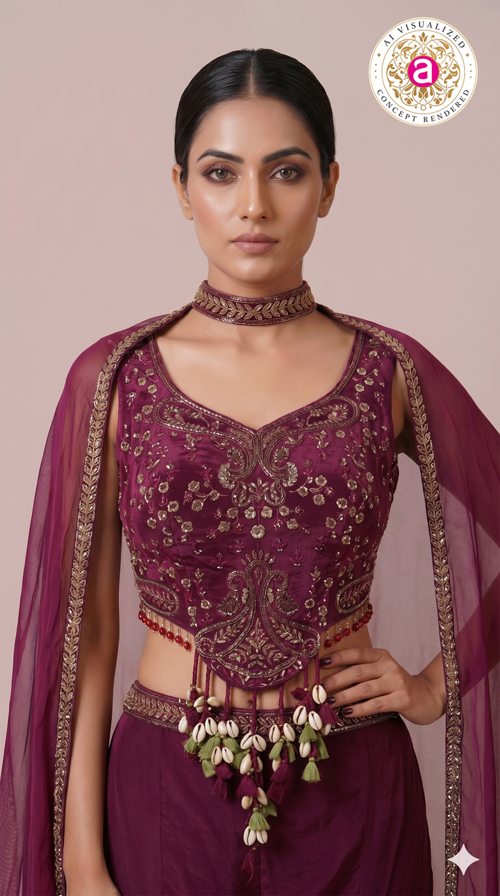 Wine Purple Embroidered Cape Co-Ord Set