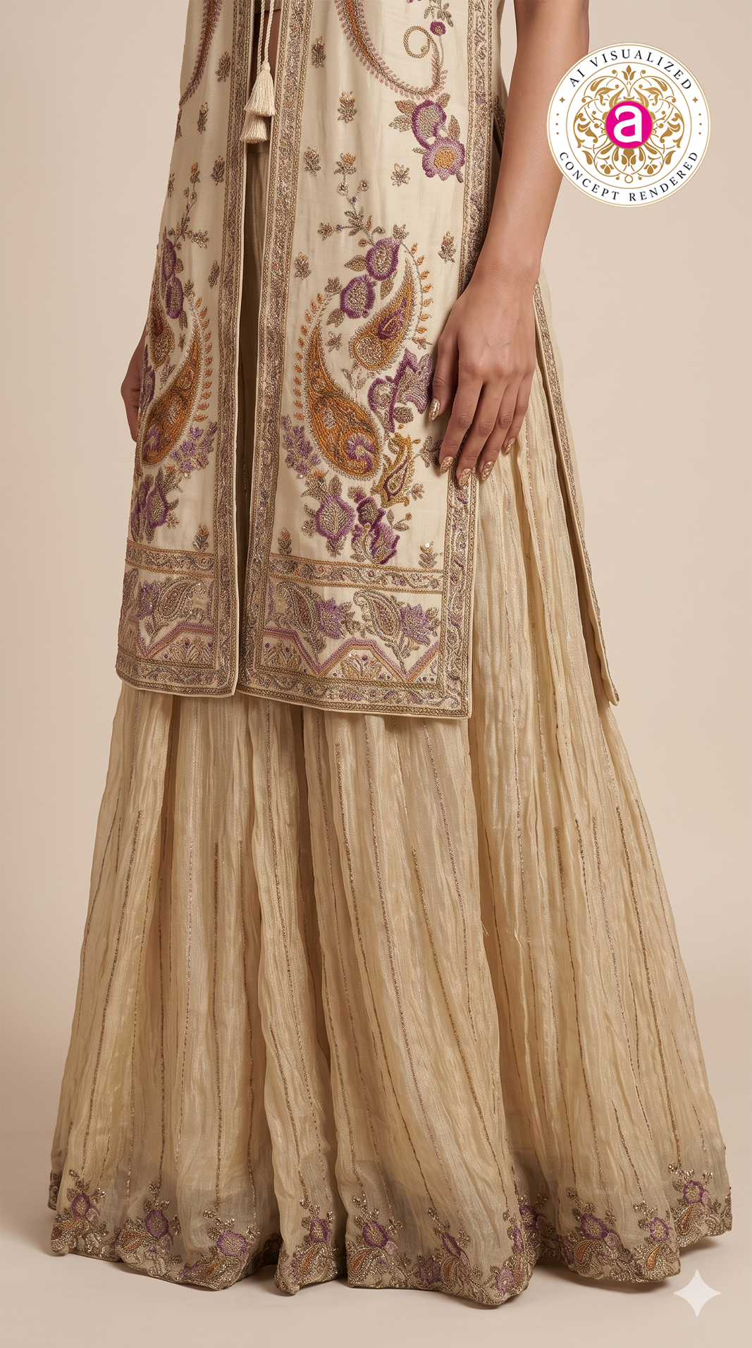Champagne Embroidered Jacket Style Sharara Set with Crop Top
