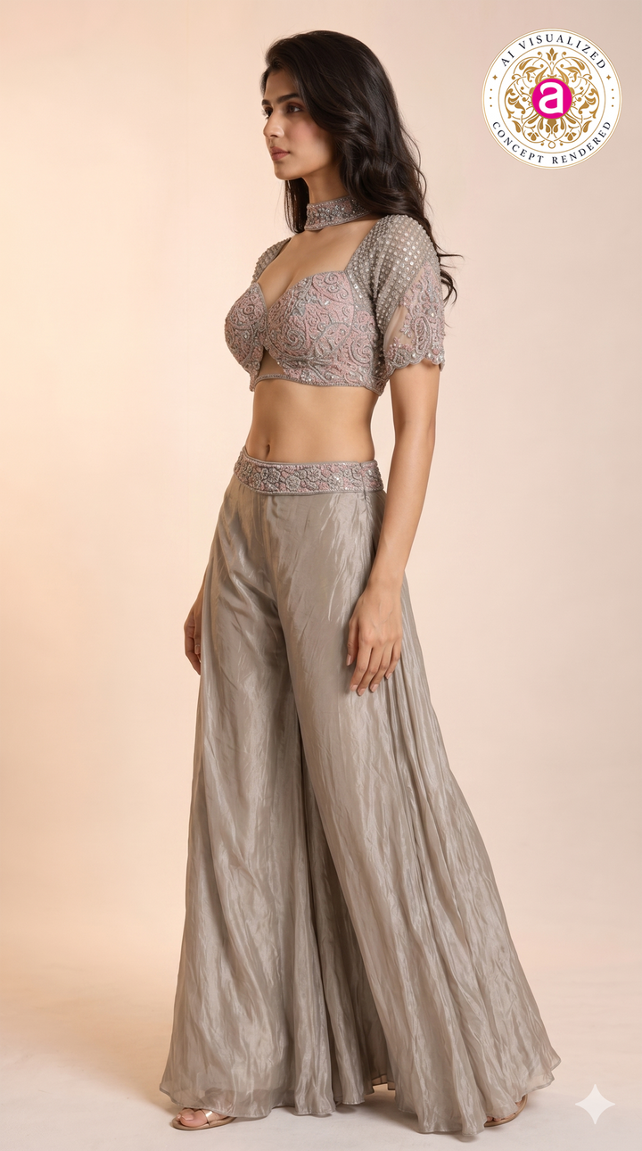 Dusty Rose Embellished Crop Top & Flared Palazzo Set