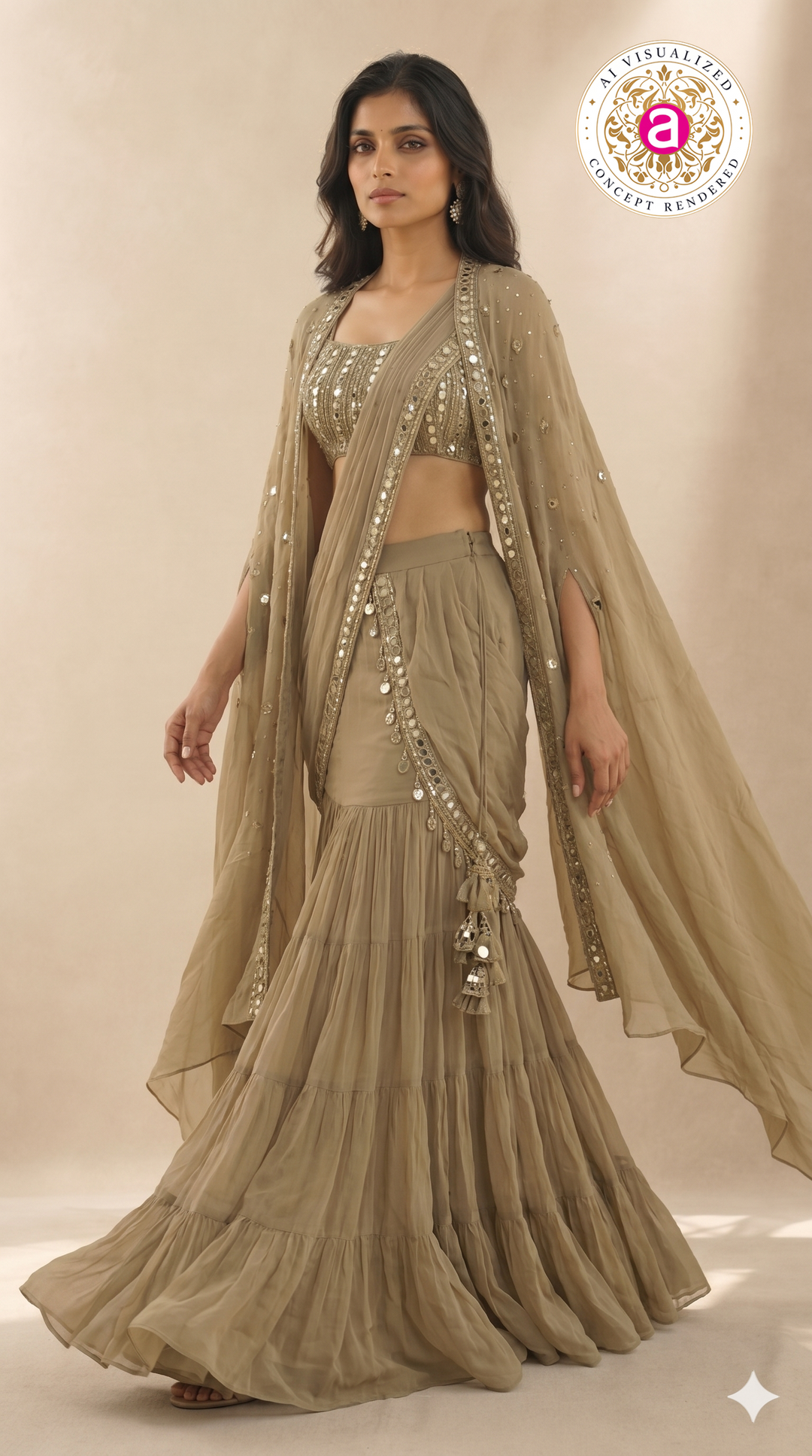Olive Taupe Ready-to-Wear Draped Saree with Mirror Embellished Blouse & Cape