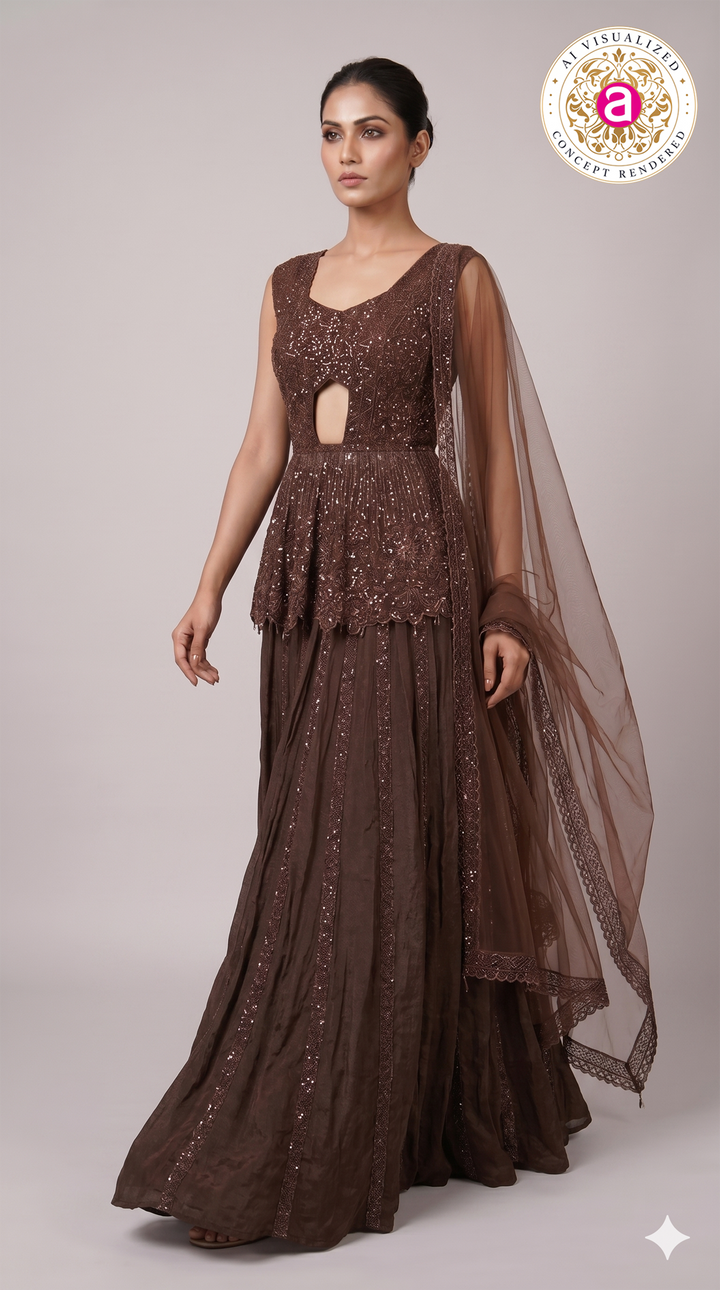 Chocolate Brown Embellished Peplum Lehenga Set with Sheer Dupatta