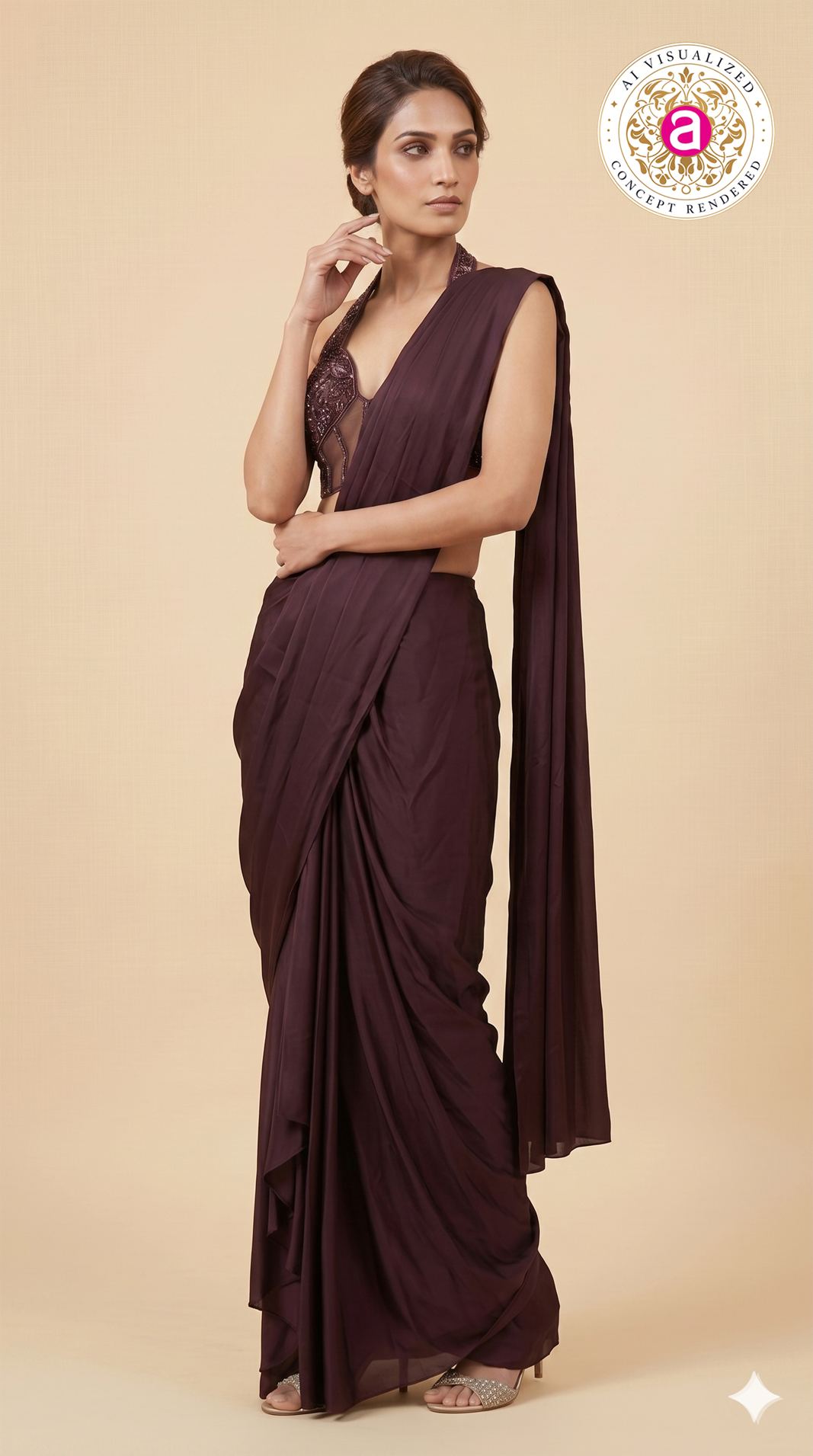 Wine Purple Ready-to-Wear Draped Saree with Embellished Halter Blouse