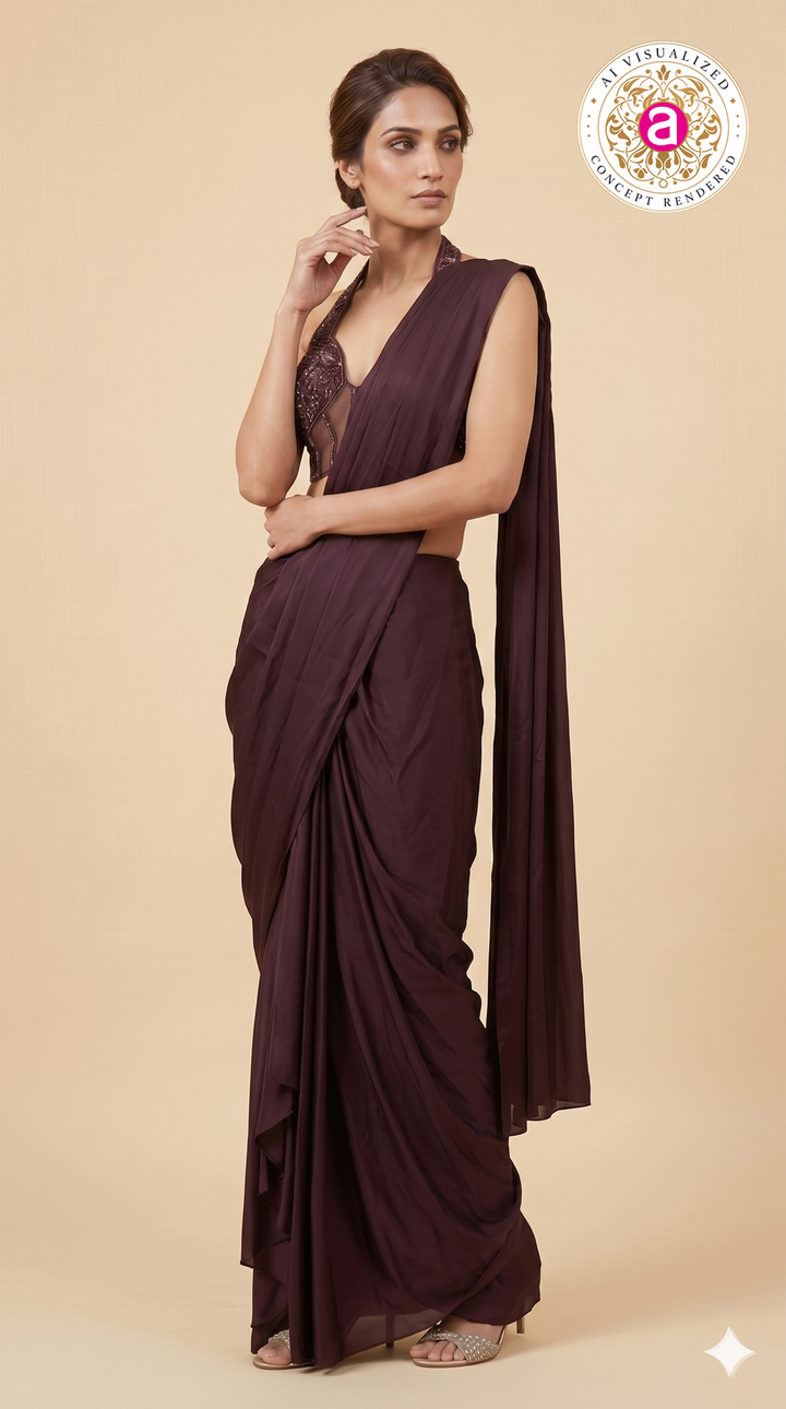 Wine Purple Ready-to-Wear Draped Saree with Embellished Halter Blouse