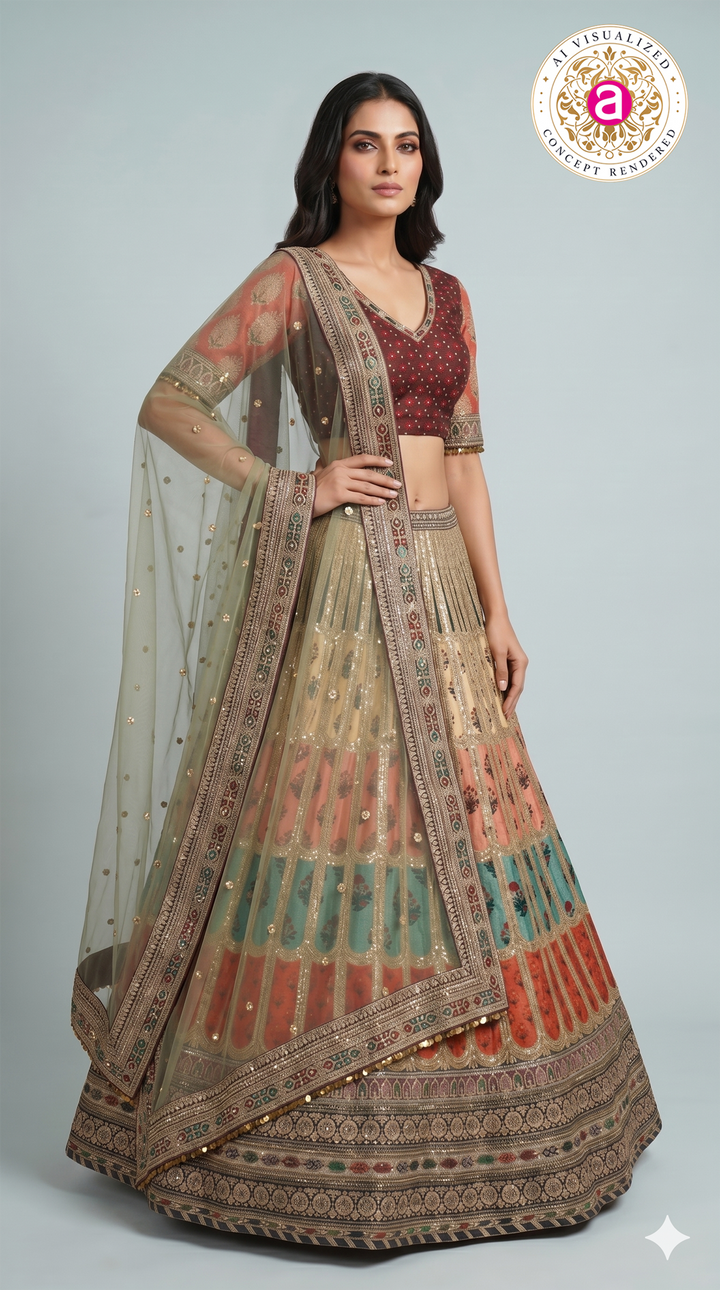 Multicolour Embroidered Bridal Lehenga Set with Net Dupatta