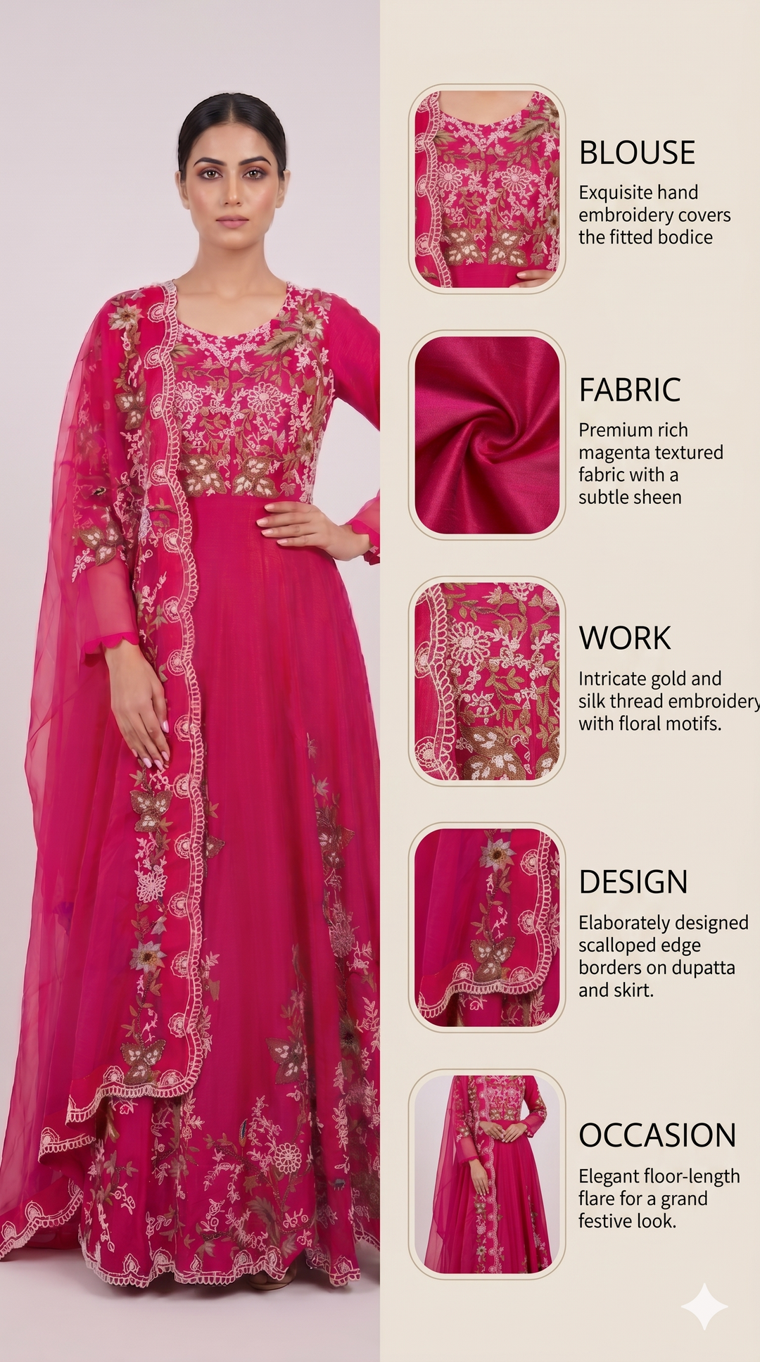 Rani Pink Floral Embroidered Anarkali Gown with Organza Dupatta