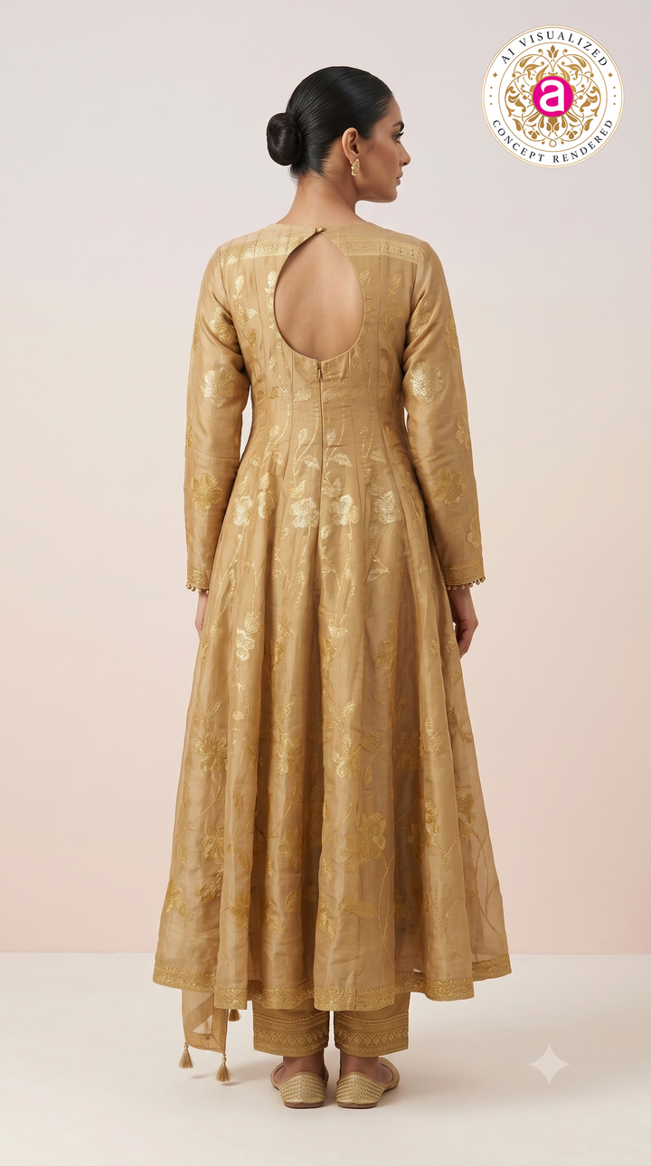 Golden Beige Floral Woven Anarkali Suit Set
