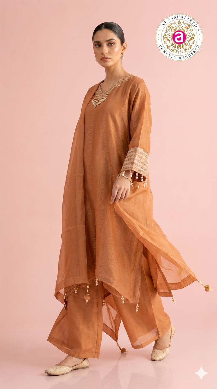 Rust Orange Kaftan Style Kurta Palazzo Set with Dupatta