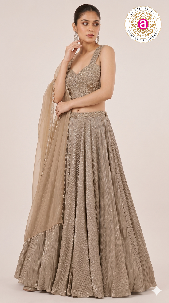 Champagne Gold Handwork Choli Lehenga Set with Dupatta